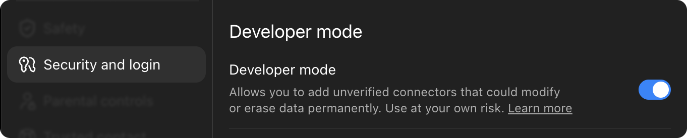 Security and login in ChatGPT settings, Developer mode turned on